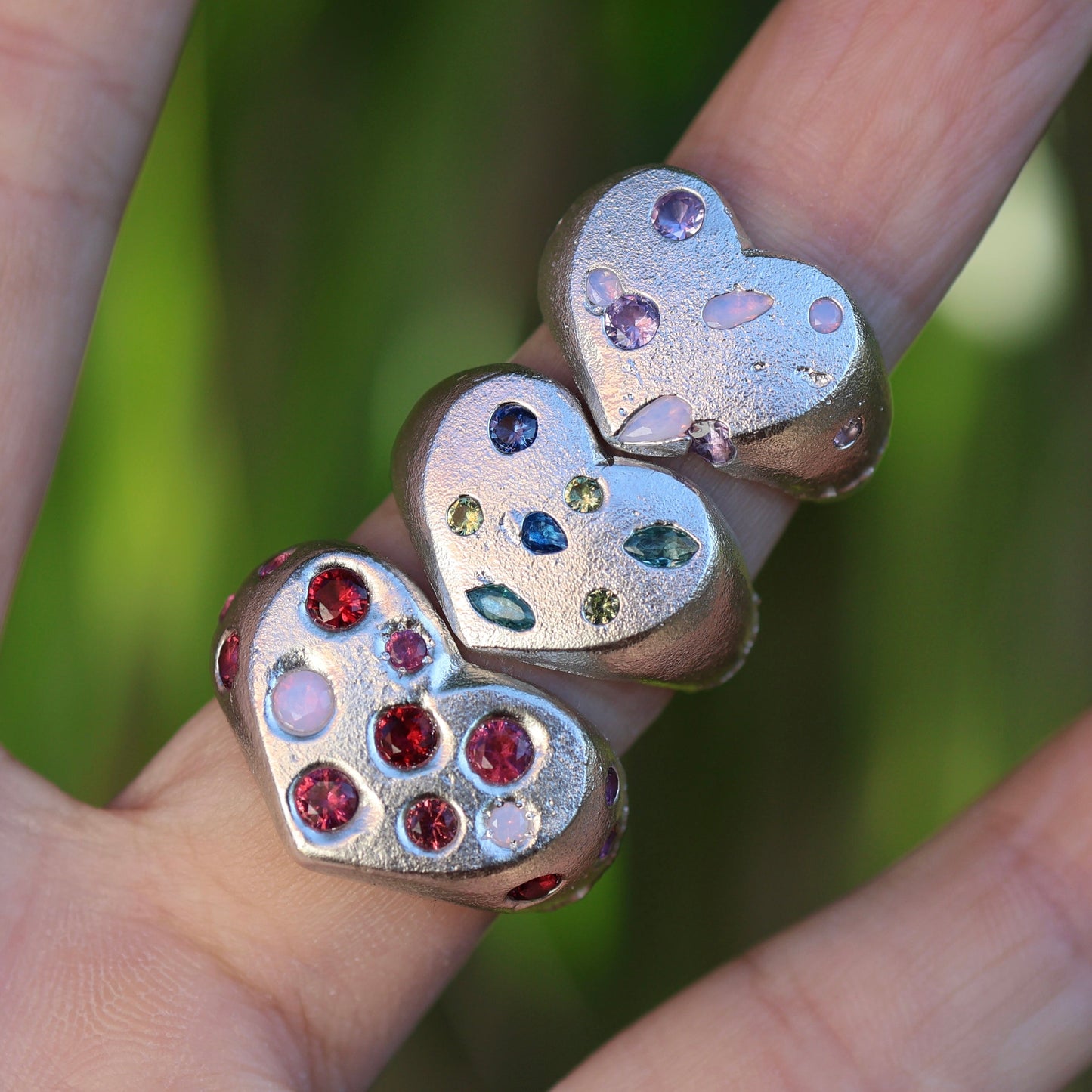 Green & Blue Heart Ring - Lab Sapphires + Lab Peridot - 7