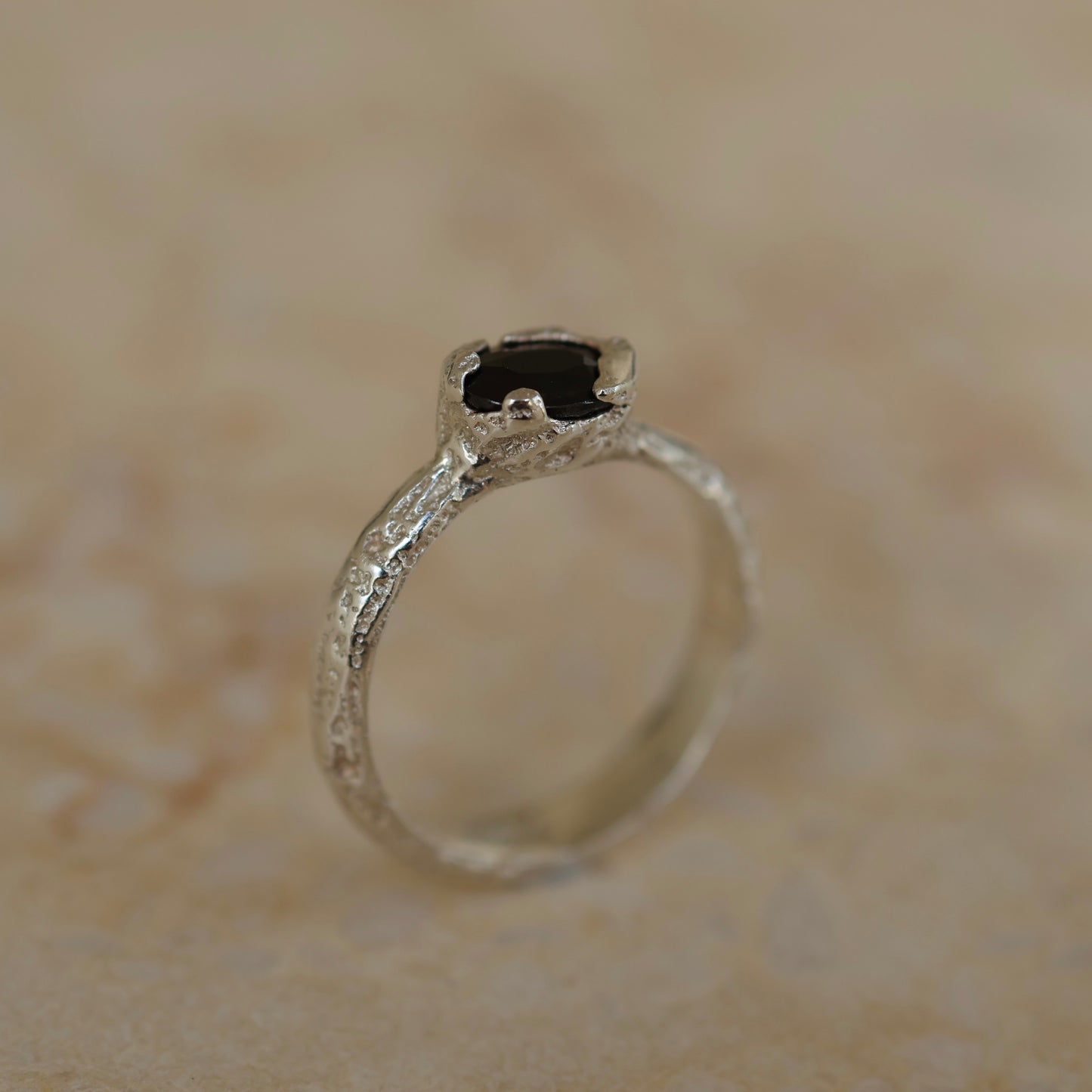 Sand Cast Dark Blue Sapphire Sterling Silver Ring