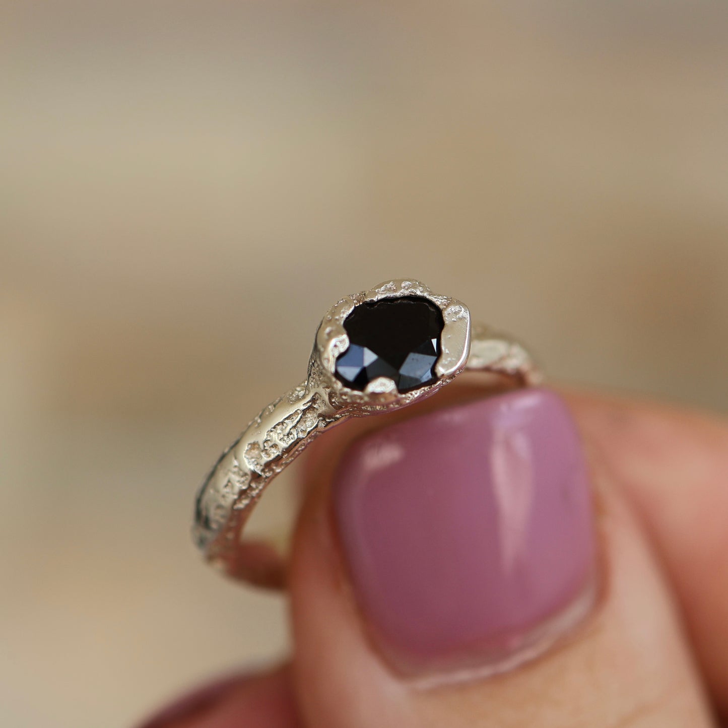 Sand Cast Dark Blue Sapphire Sterling Silver Ring