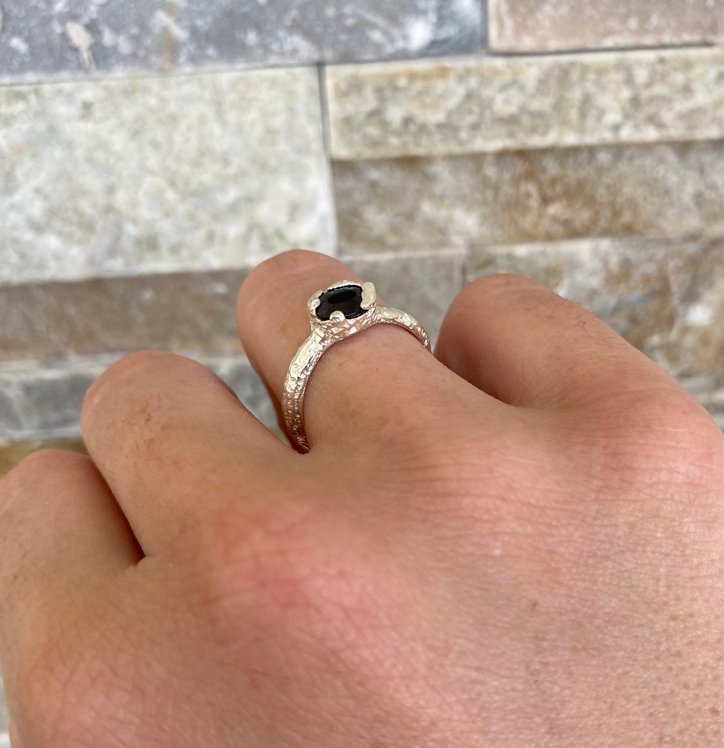 Sand Cast Dark Blue Sapphire Sterling Silver Ring