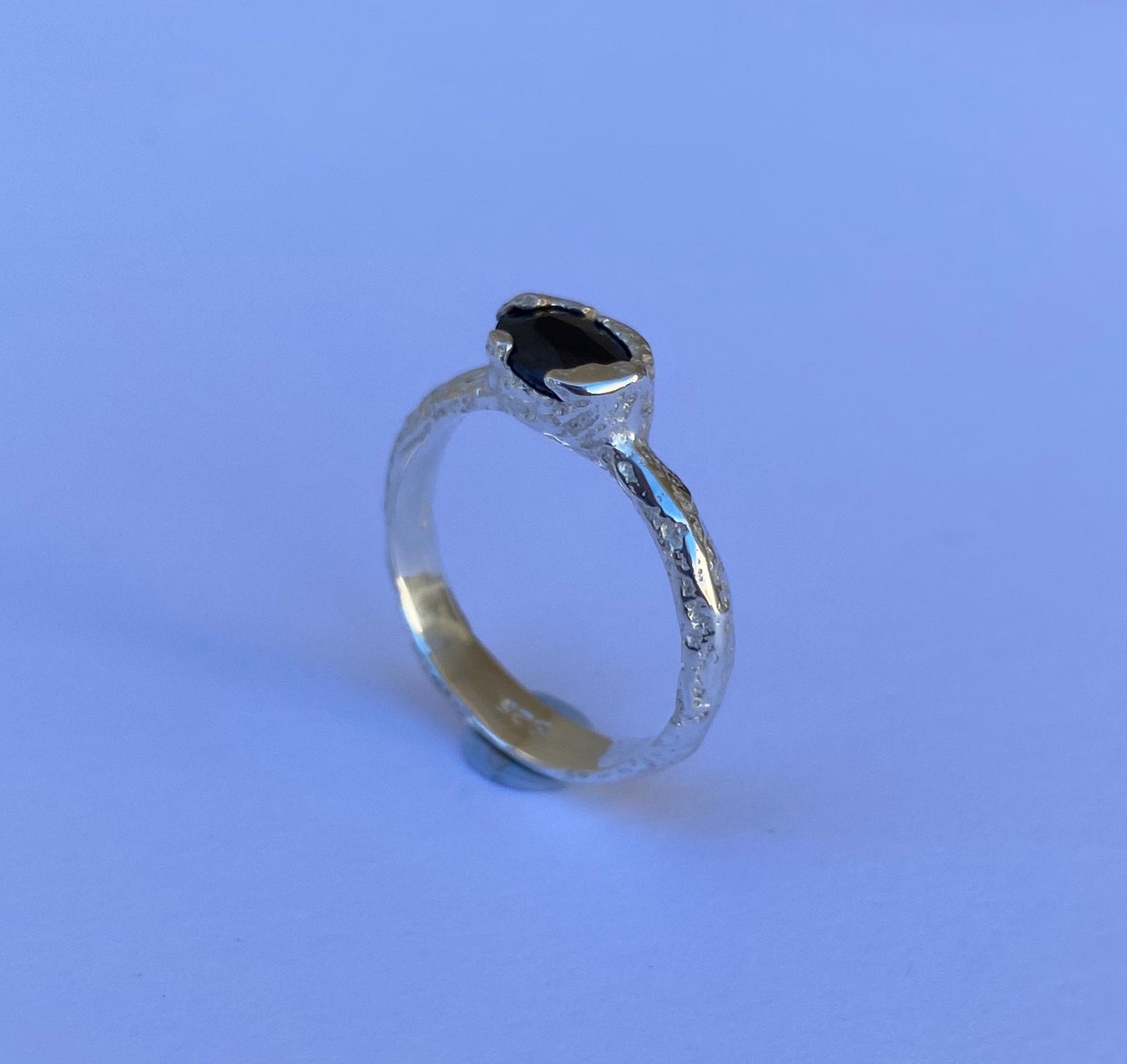 Sand Cast Dark Blue Sapphire Sterling Silver Ring