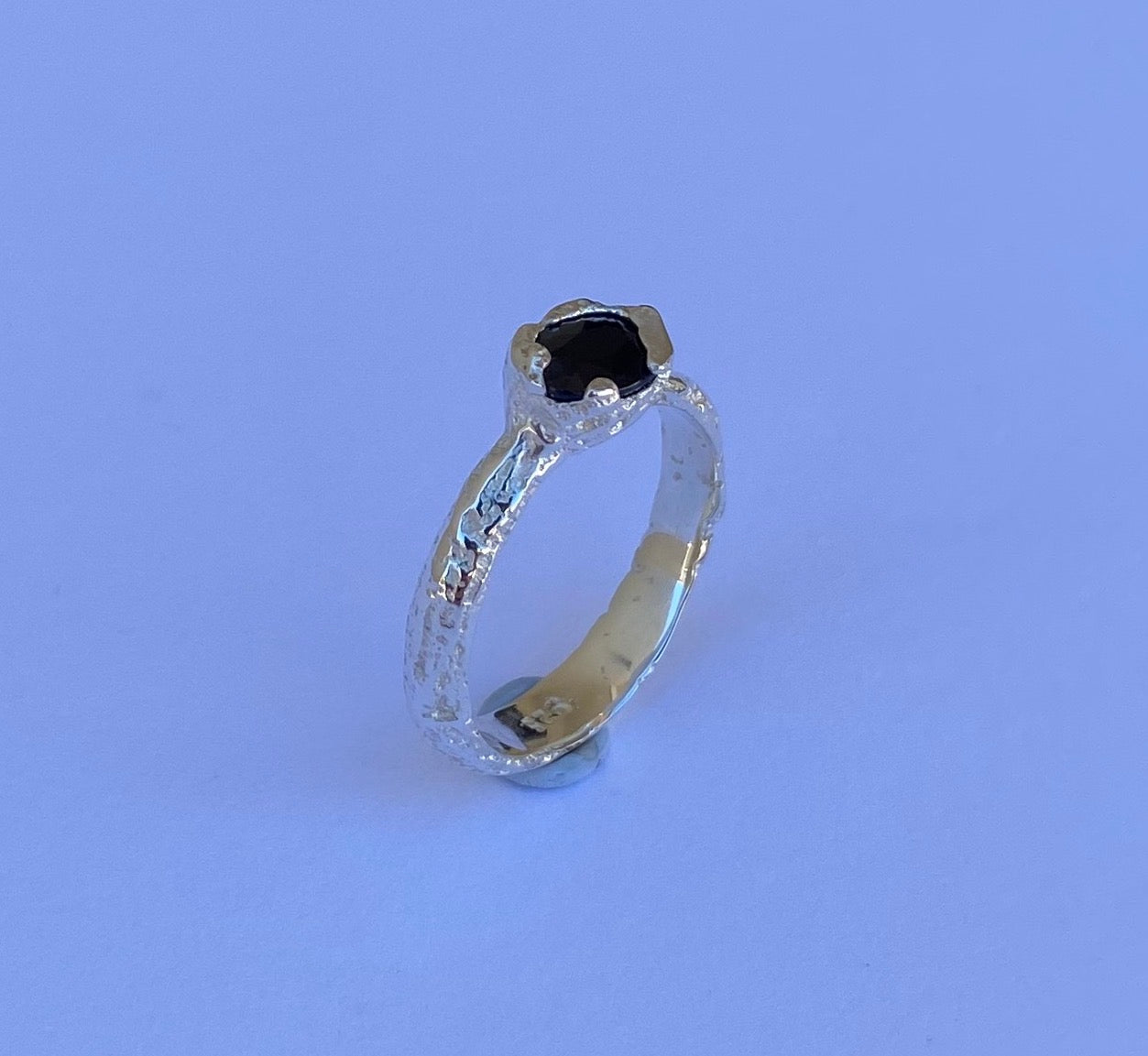 Sand Cast Dark Blue Sapphire Sterling Silver Ring