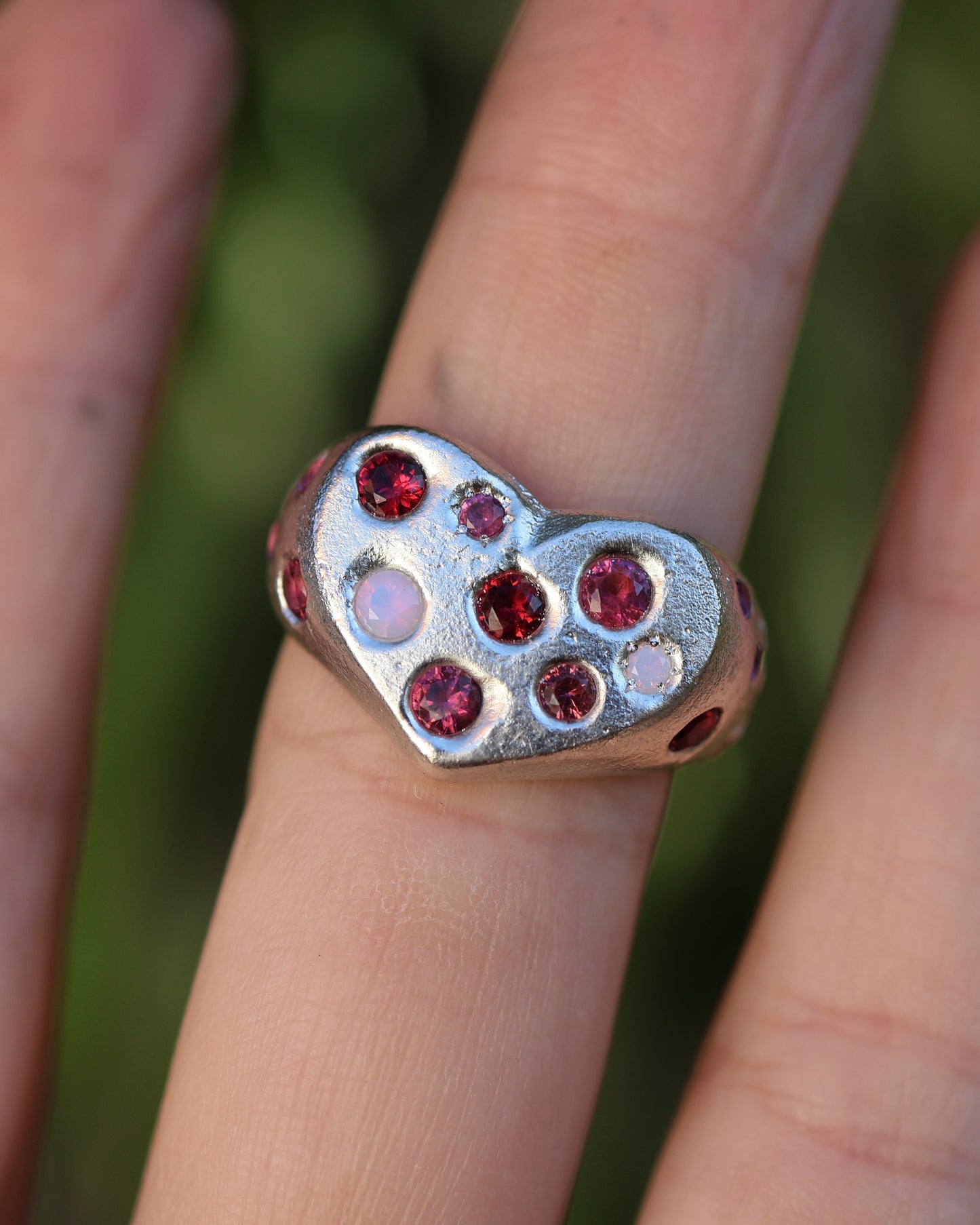 Pink Heart Ring -  Lab Garnet & Lab Ruby - 8.5