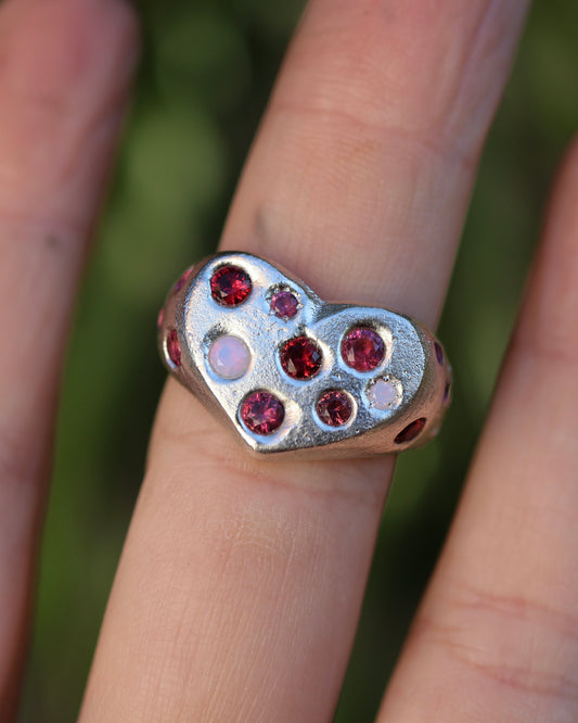 Pink Heart Ring -  Lab Garnet & Lab Ruby - 8.5