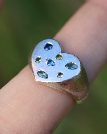 Green & Blue Heart Ring -  Lab Sapphires + Lab Peridot - 7