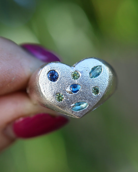 Green & Blue Heart Ring -  Lab Sapphires + Lab Peridot - 7