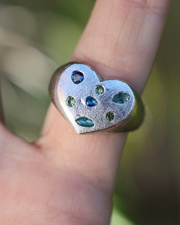 Green & Blue Heart Ring -  Lab Sapphires + Lab Peridot - 7