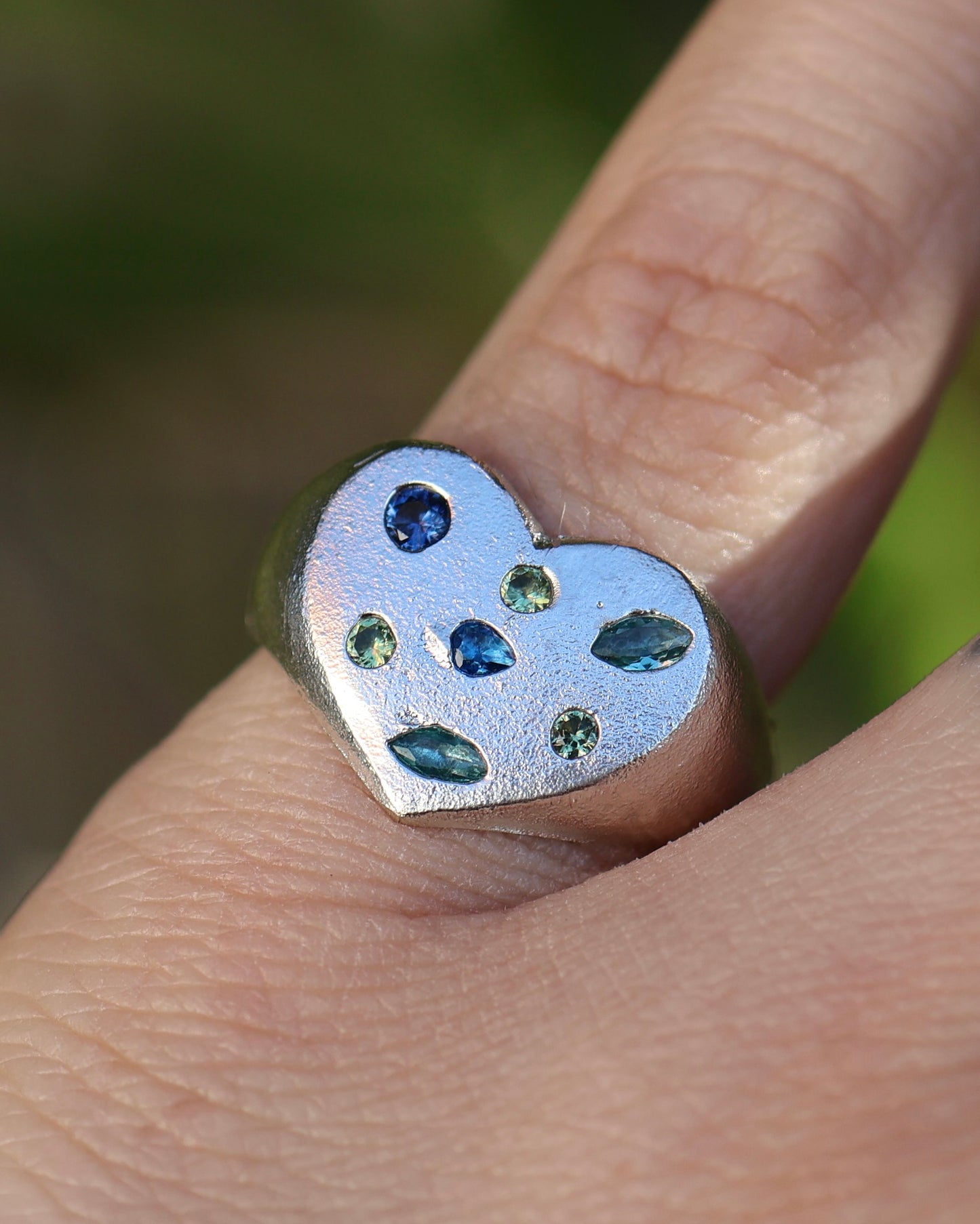 Green & Blue Heart Ring -  Lab Sapphires + Lab Peridot - 7