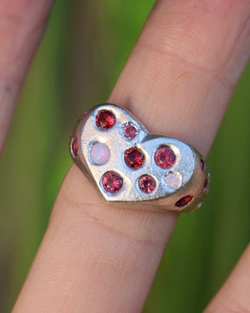 Pink Heart Ring -  Lab Garnet & Lab Ruby - 8.5