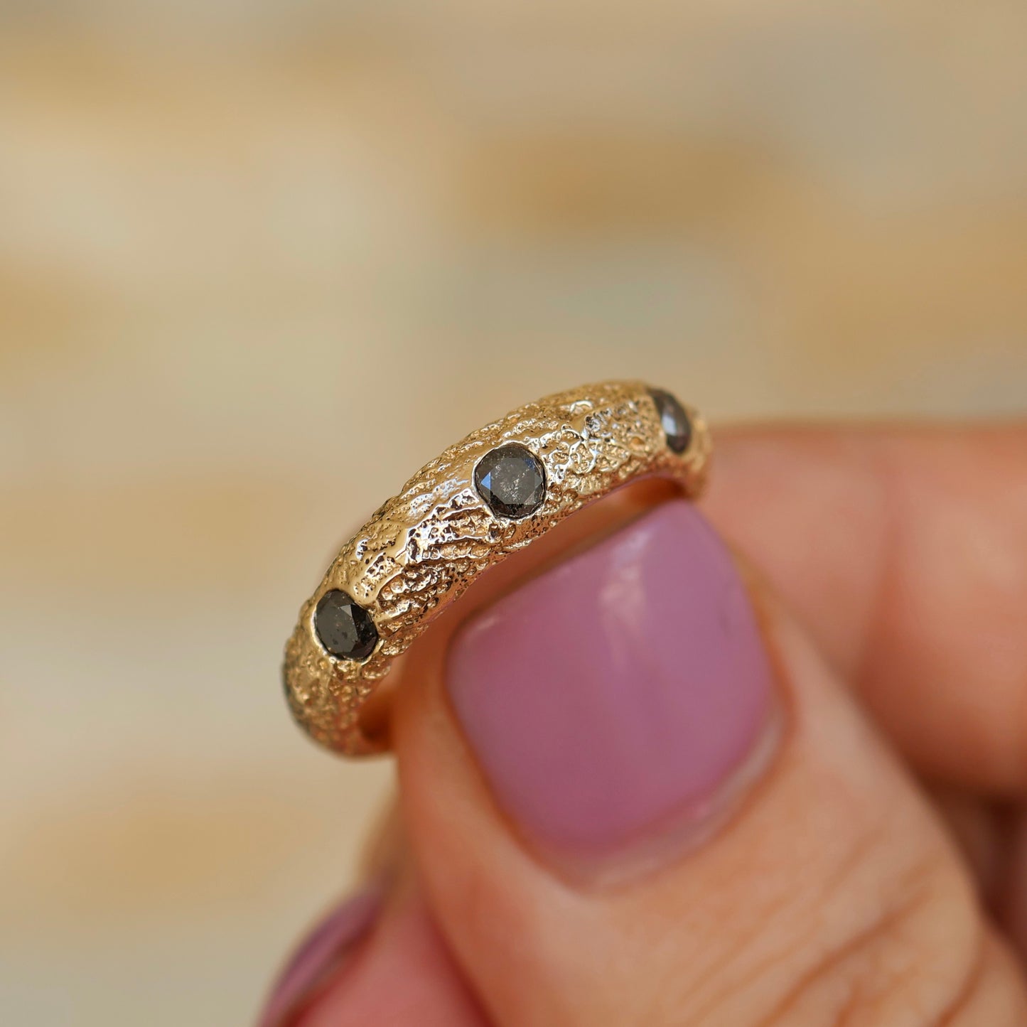 9ct Gold Sand Cast Ring with Salt and Pepper Diamonds - READY TO SHIP