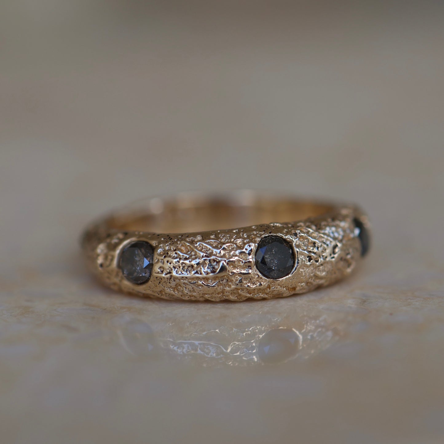 9ct Gold Sand Cast Ring with Salt and Pepper Diamonds - READY TO SHIP