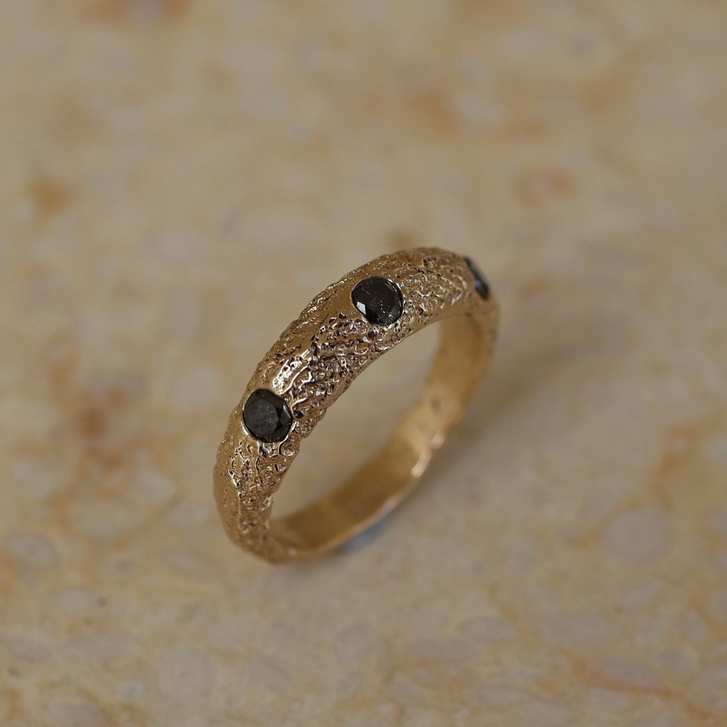 9ct Gold Sand Cast Ring with Salt and Pepper Diamonds - READY TO SHIP