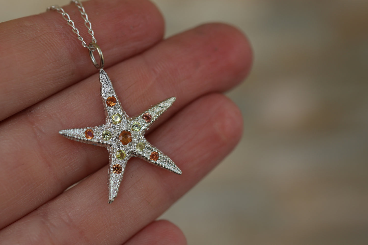 Sterling Silver Star Fish Pendant with Sapphires - READY TO SHIP